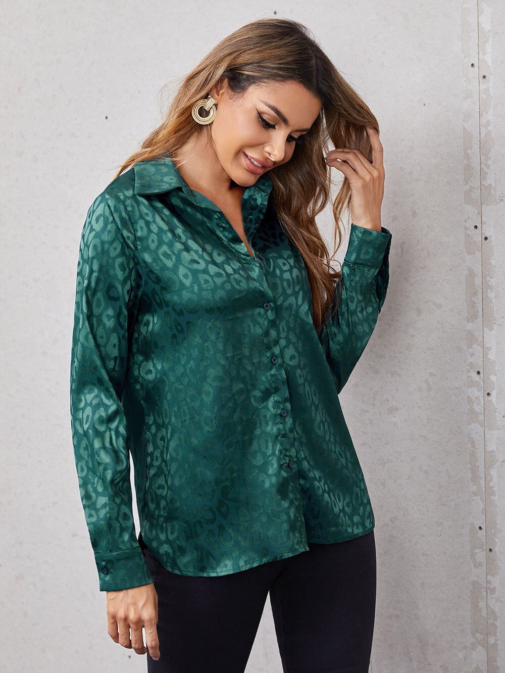 Lapel Button Leopard Jacquard Faux Silk Shirt