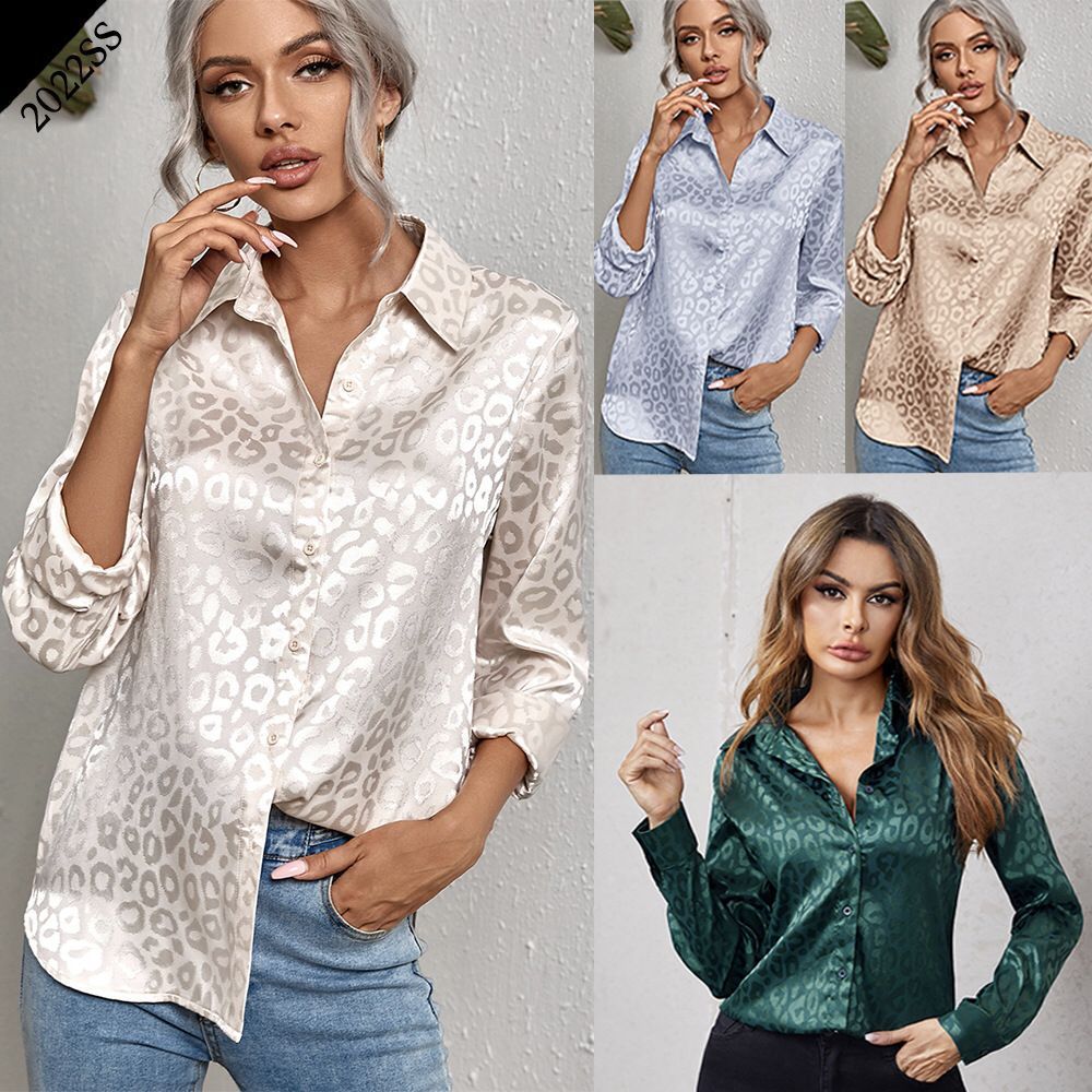 Lapel Button Leopard Jacquard Faux Silk Shirt