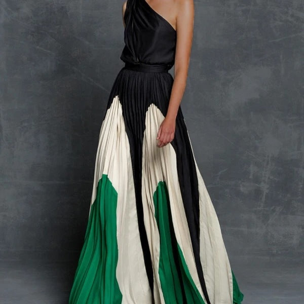 One Shoulder Contrast Maxi Dress