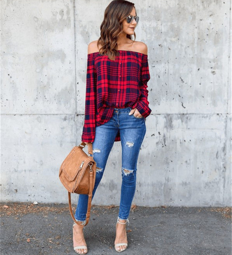 Off the Shoulders Plaid Top