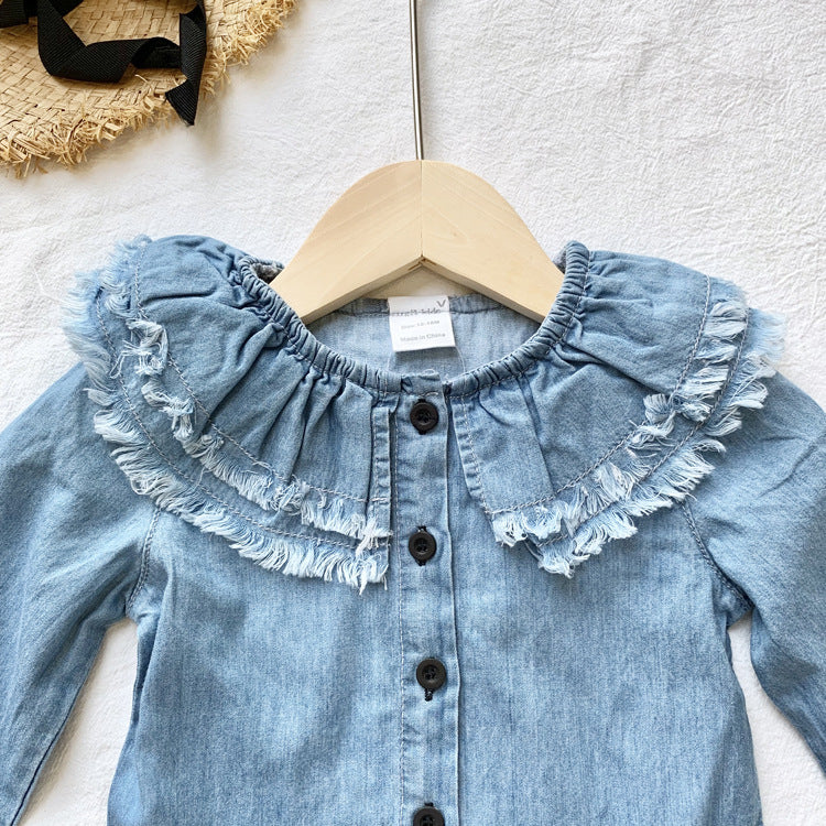 Girl's Denim Dress with Lotus Collar