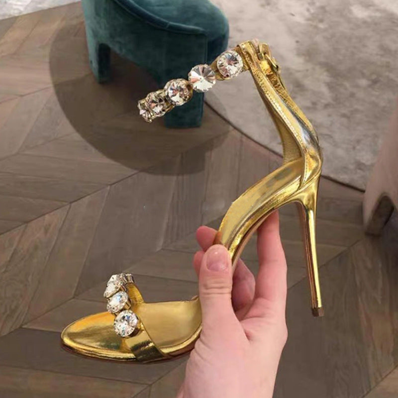 High Heels Stiletto Gold Rhinestone Sandals