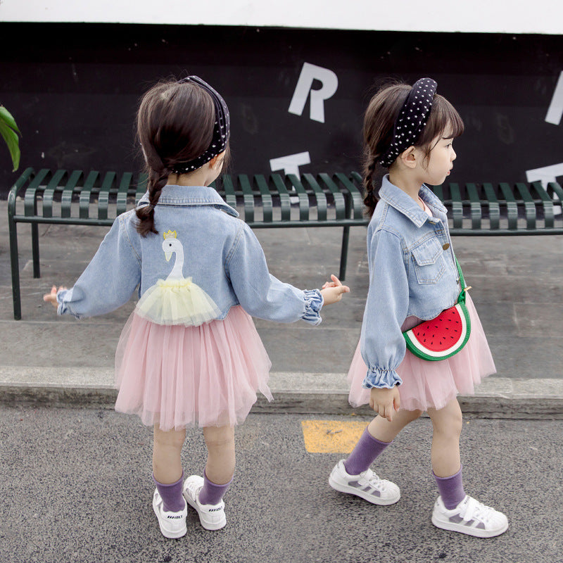 Girl's 2 Pcs Swan Print Denim Outfit