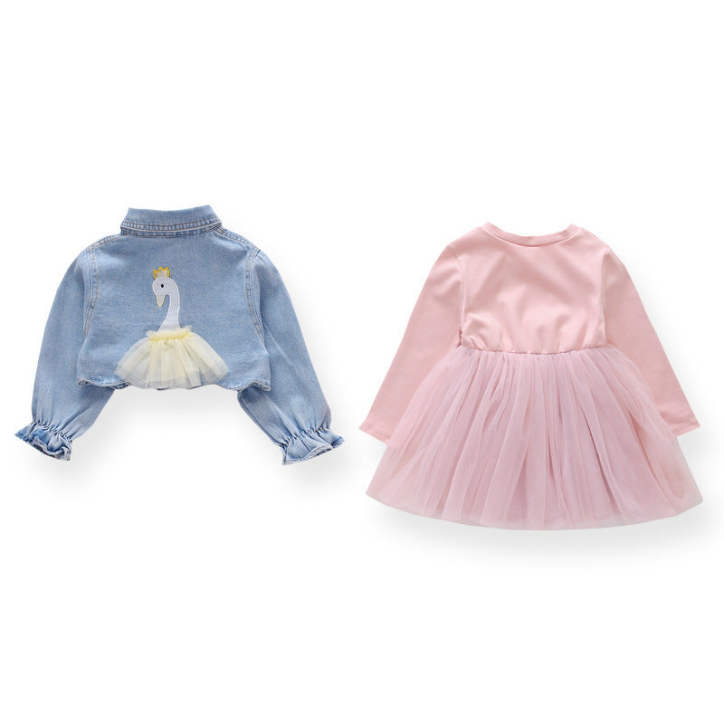 Girl's 2 Pcs Swan Print Denim Outfit