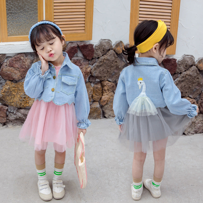 Girl's 2 Pcs Swan Print Denim Outfit