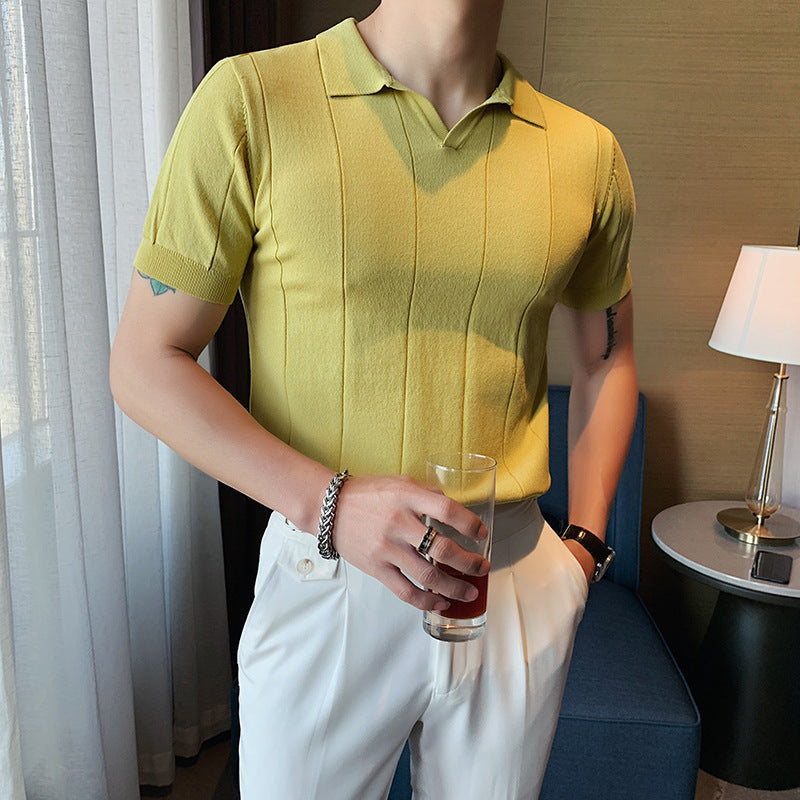 Men's V-neck Knitted Silk T-shirt