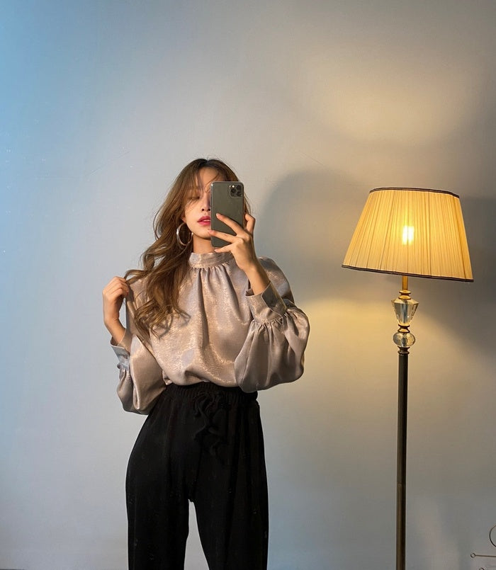 Elegant Satin Balloon Sleeve Blouse