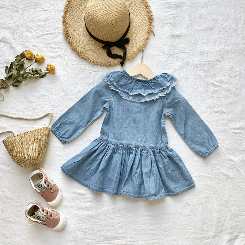 Girl's Denim Dress with Lotus Collar