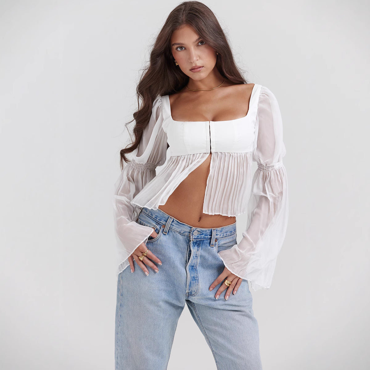 Elegant Sheer Square Collar Top