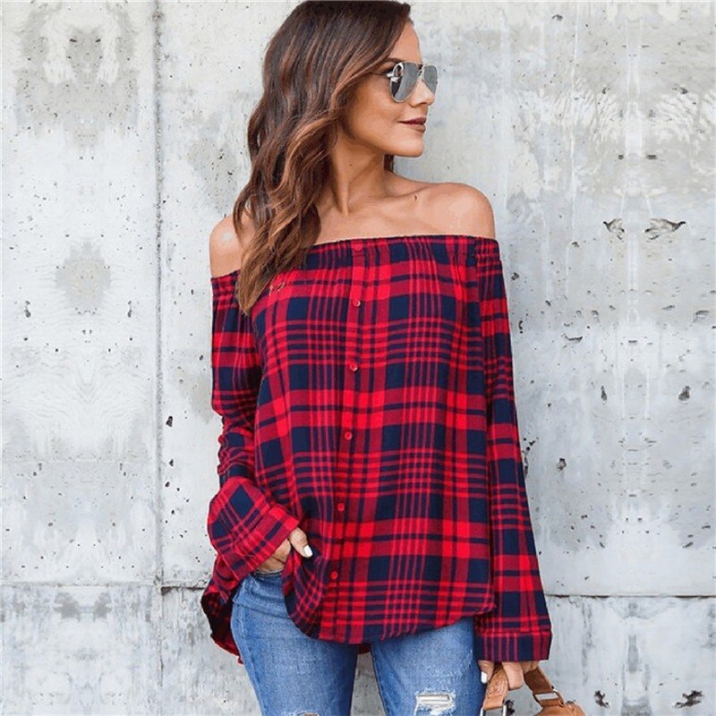 Off the Shoulders Plaid Top