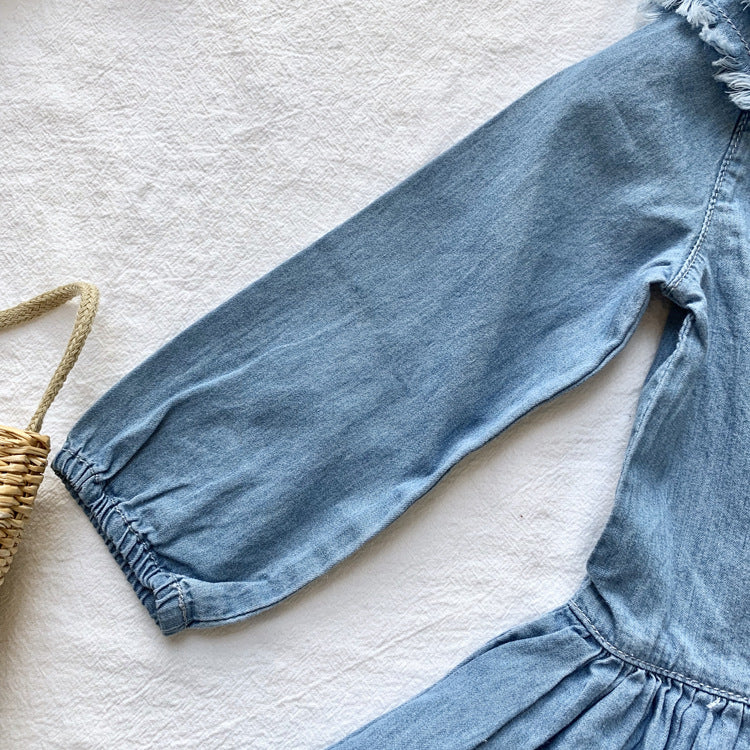Girl's Denim Dress with Lotus Collar