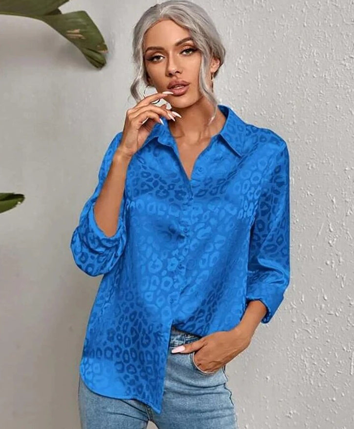 Lapel Button Leopard Jacquard Faux Silk Shirt