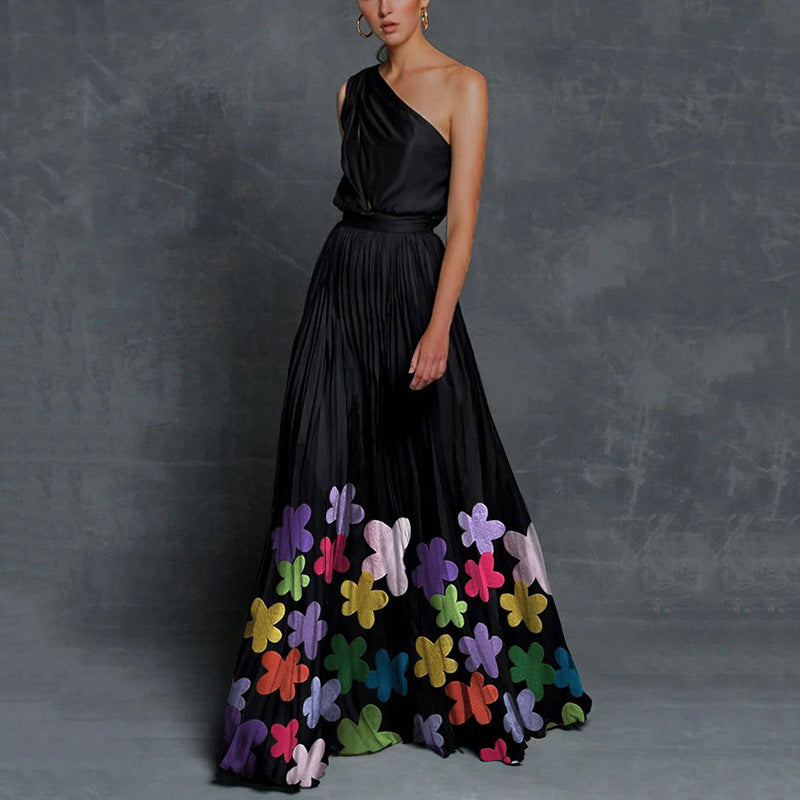 One Shoulder Contrast Maxi Dress