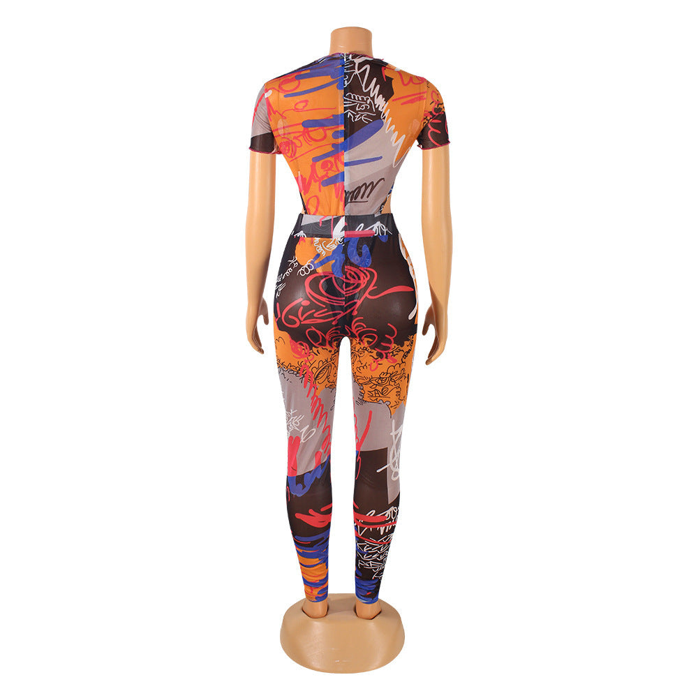 See-Through Graphic Jumpsuit