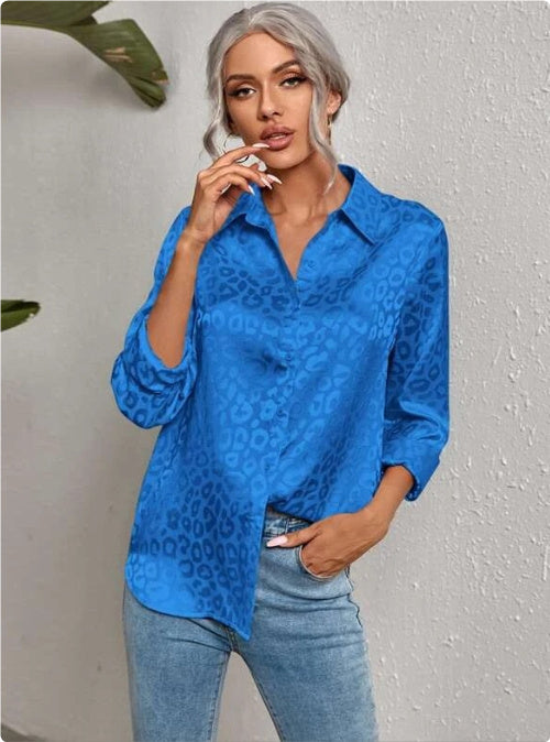 Lapel Button Leopard Jacquard Faux Silk Shirt