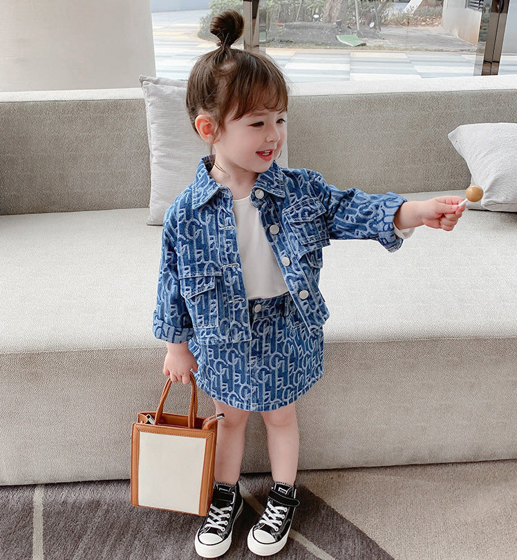 Girls 2 Pc Denim Skirt Suit