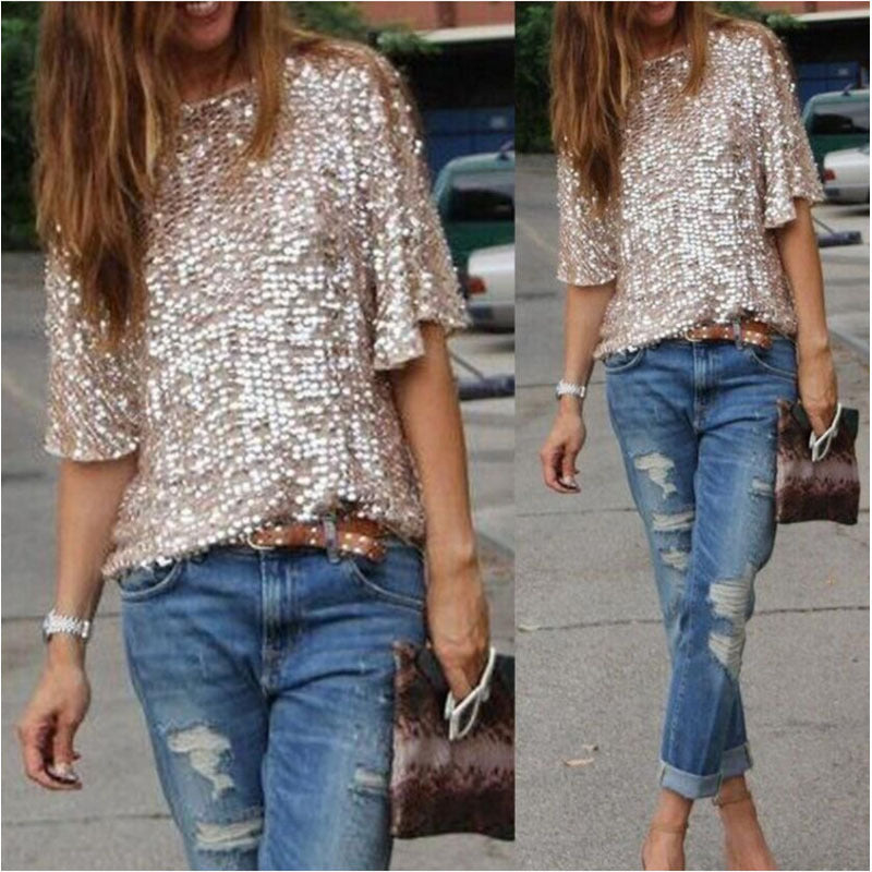 Women's Loose Off-the Shoulder Sequin Blouse