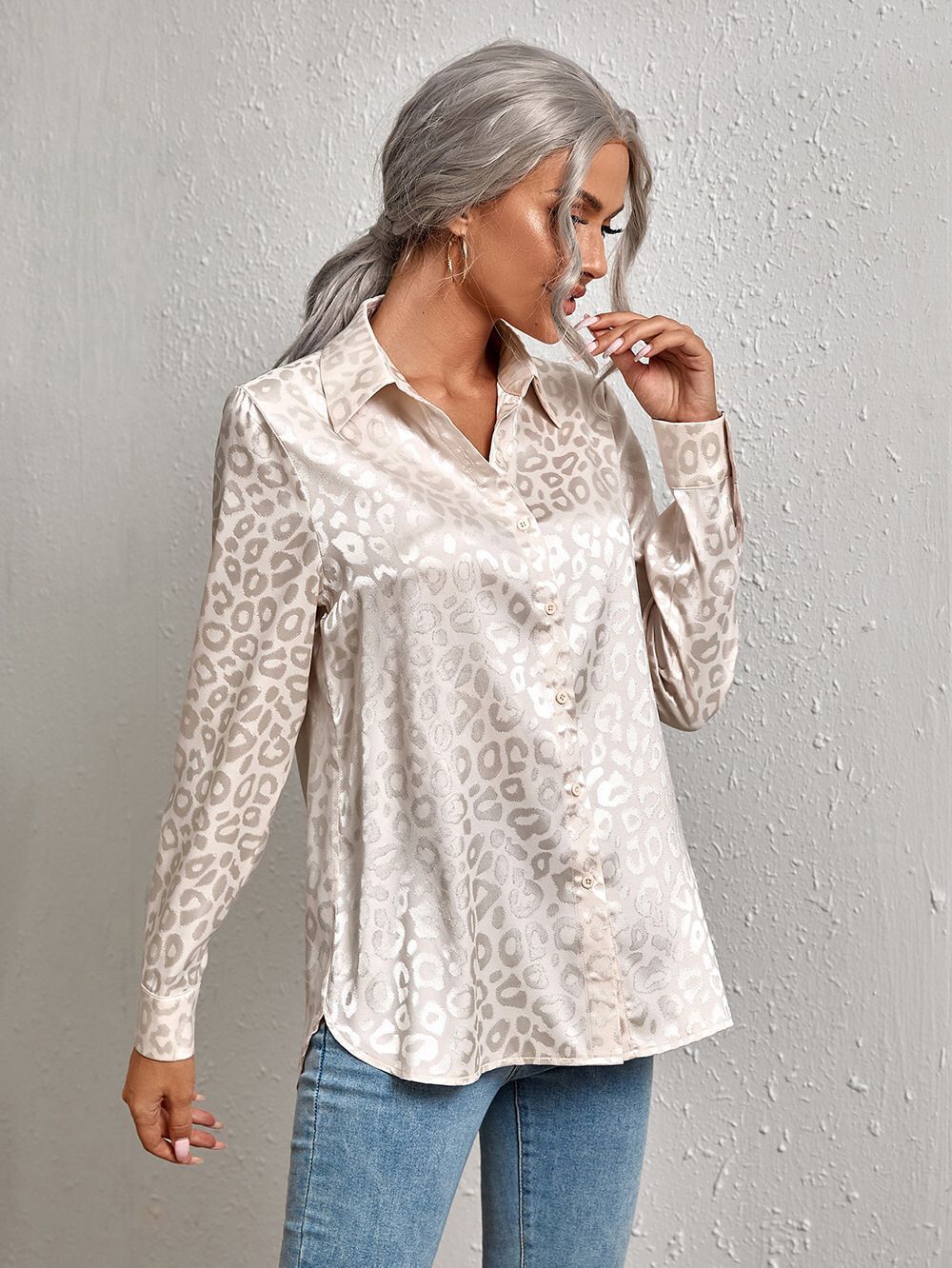 Lapel Button Leopard Jacquard Faux Silk Shirt