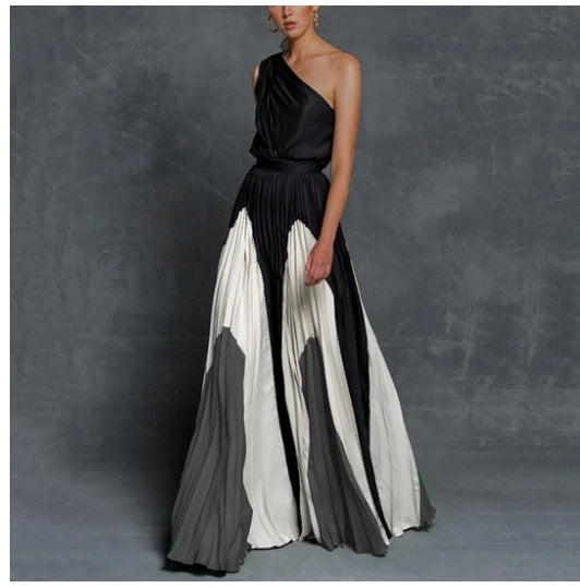 One Shoulder Contrast Maxi Dress