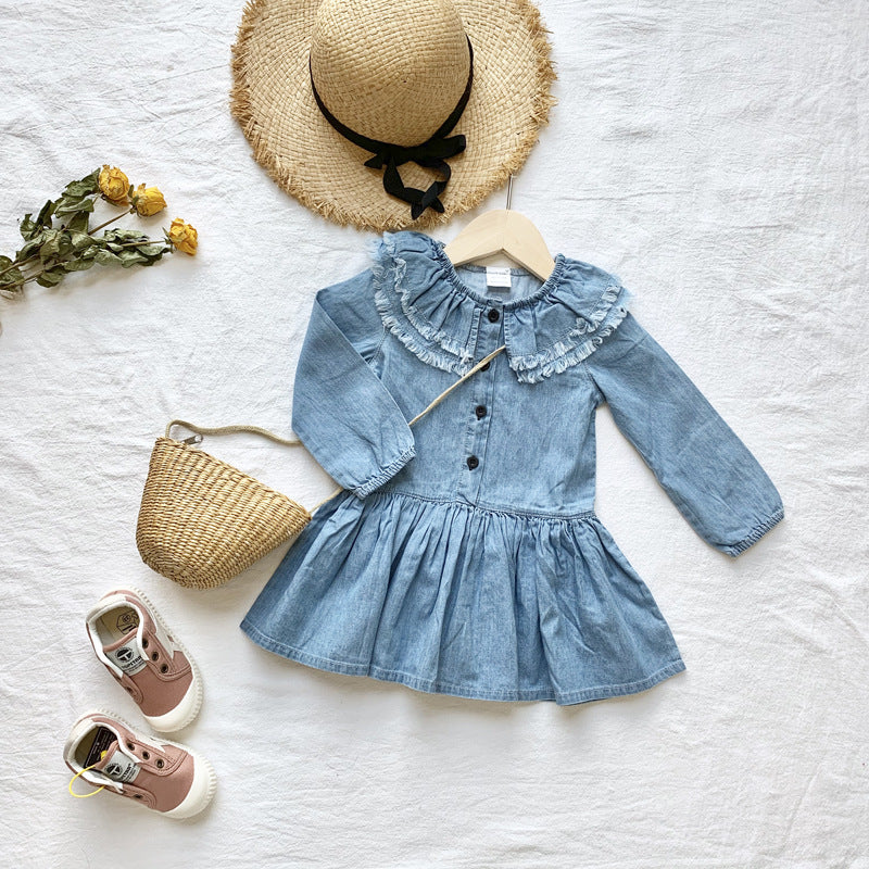 Girl's Denim Dress with Lotus Collar