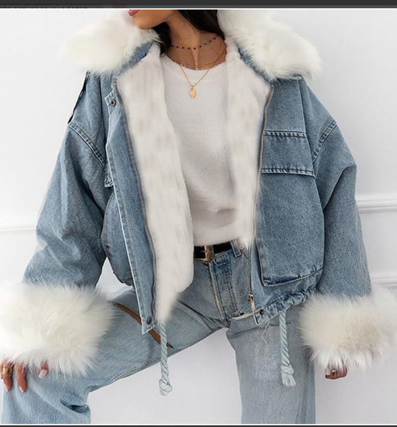 Stone Washed Denim Jacket w/ Integrated Fur