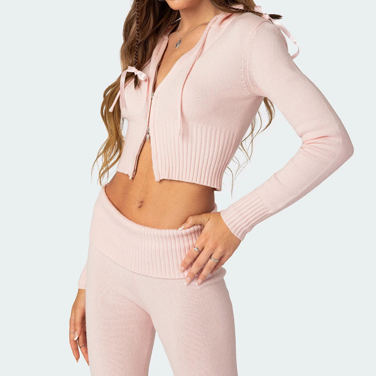 Ladies Knitted Hooded 2 Pcs Suit