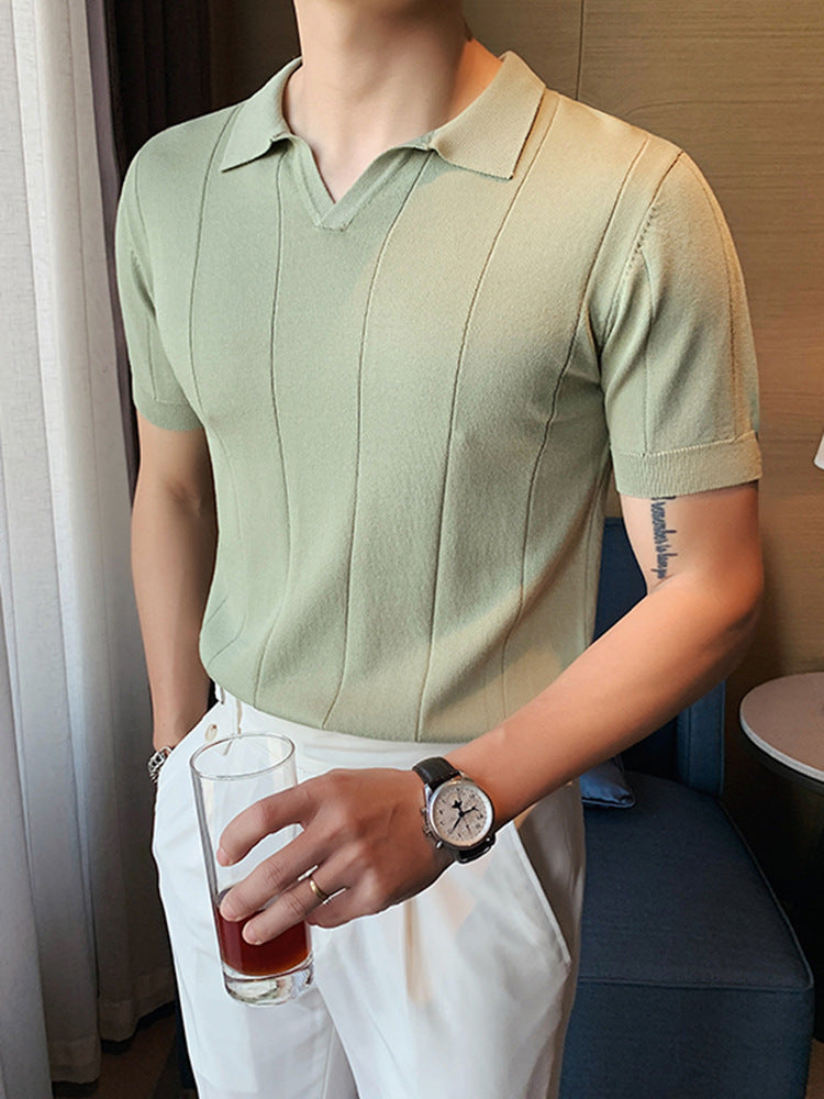 Men's V-neck Knitted Silk T-shirt