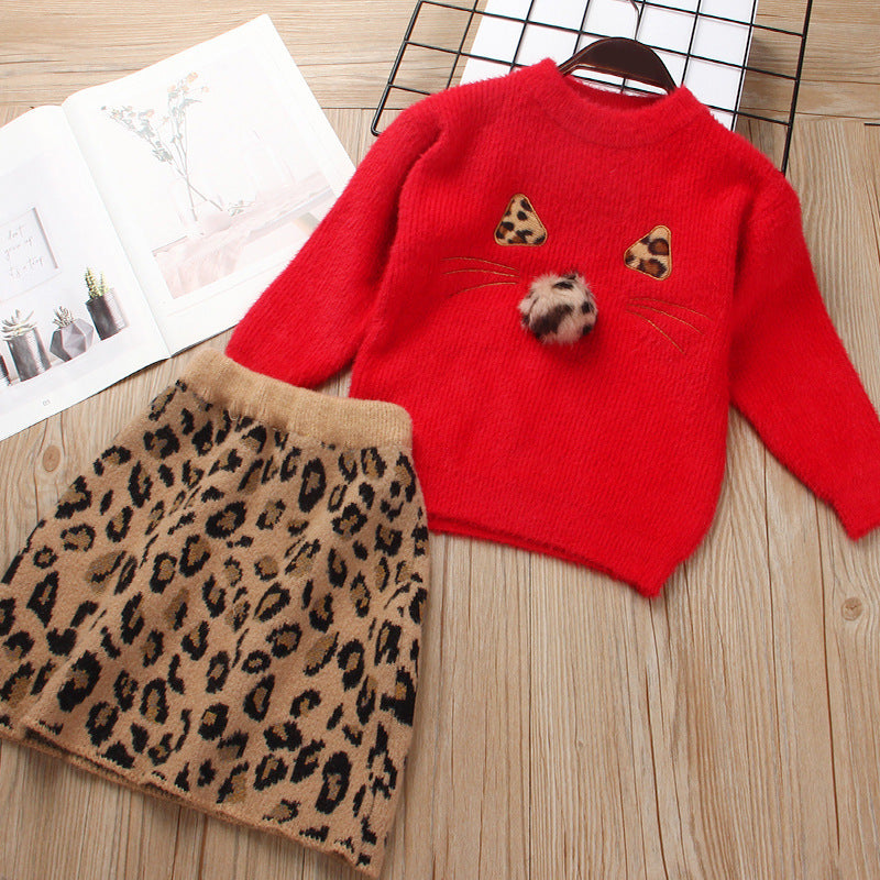 Girl's Knitted Leopard Print 2 Pcs