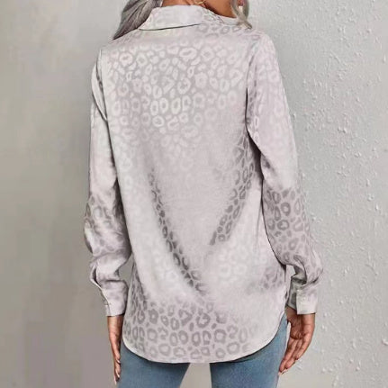 Lapel Button Leopard Jacquard Faux Silk Shirt