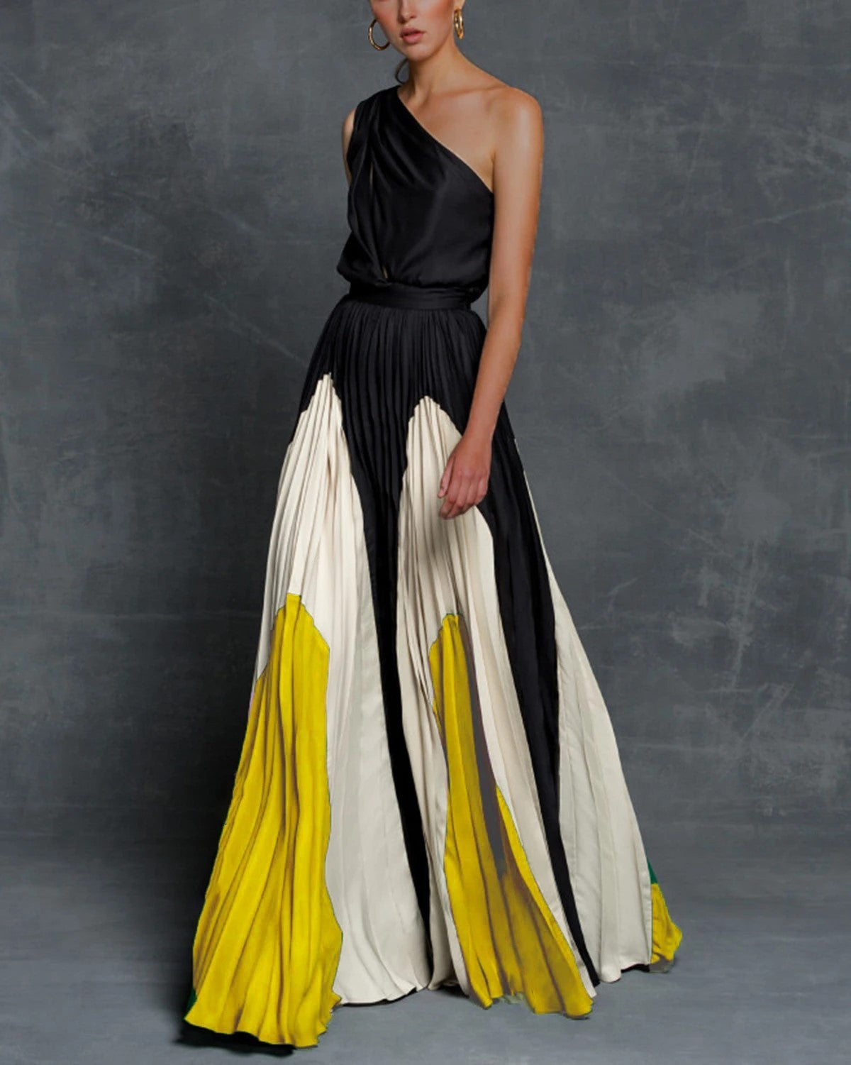 One Shoulder Contrast Maxi Dress