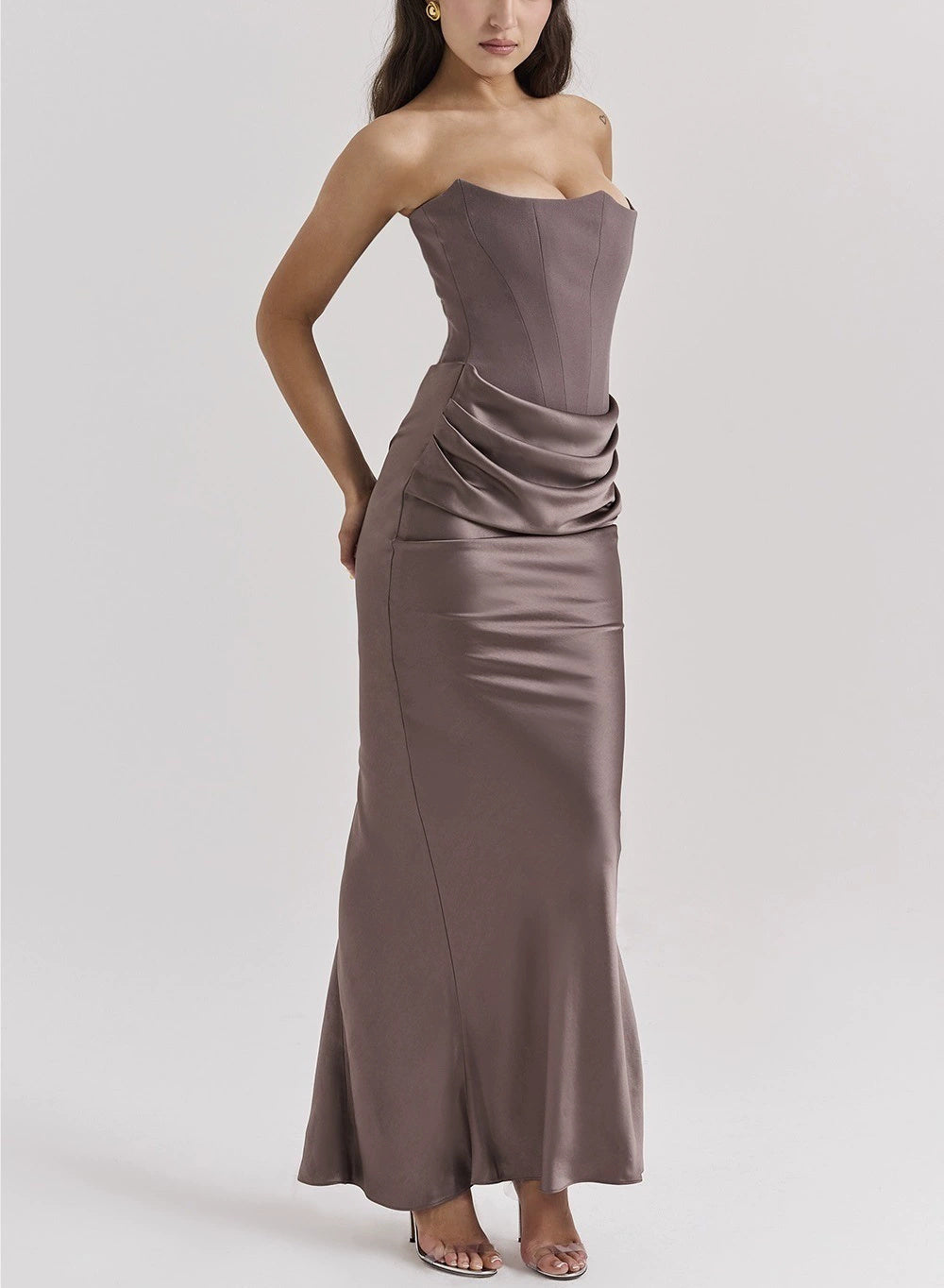 Off-The-Shoulder Slimming Fishbone Silk Gown | Ajanka Inc.