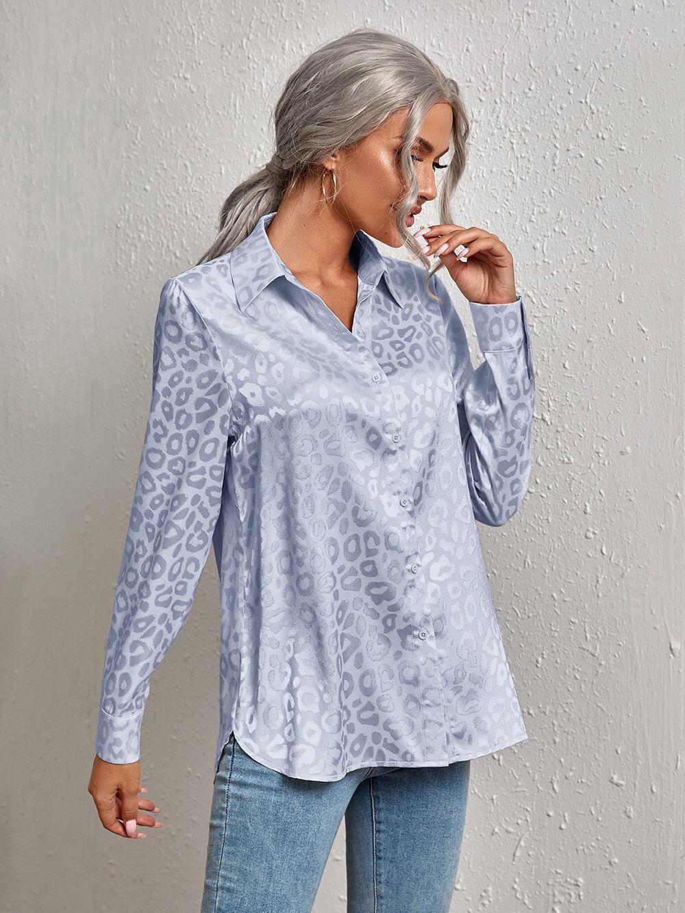 Lapel Button Leopard Jacquard Faux Silk Shirt