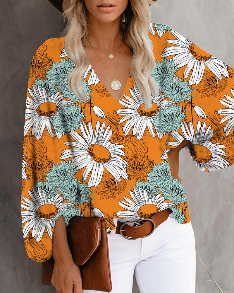 Printed Balloon Sleeve Blouse