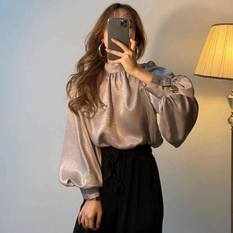 Elegant Satin Balloon Sleeve Blouse