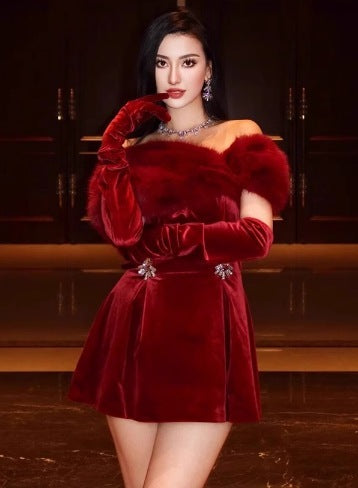 Women's Off-the-shoulder Plush Dress