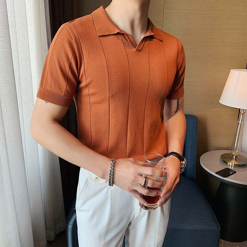Men's V-neck Knitted Silk T-shirt