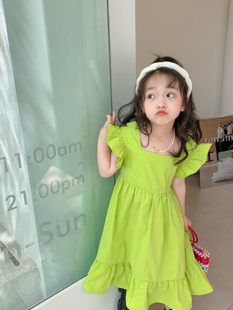 Girls Flounced Sleeve Ruffles Bow Dress