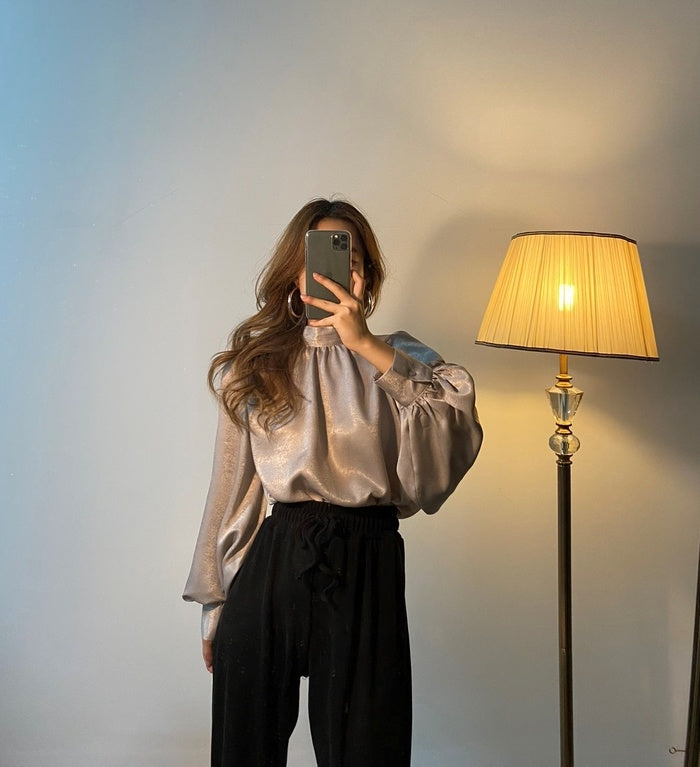 Elegant Satin Balloon Sleeve Blouse