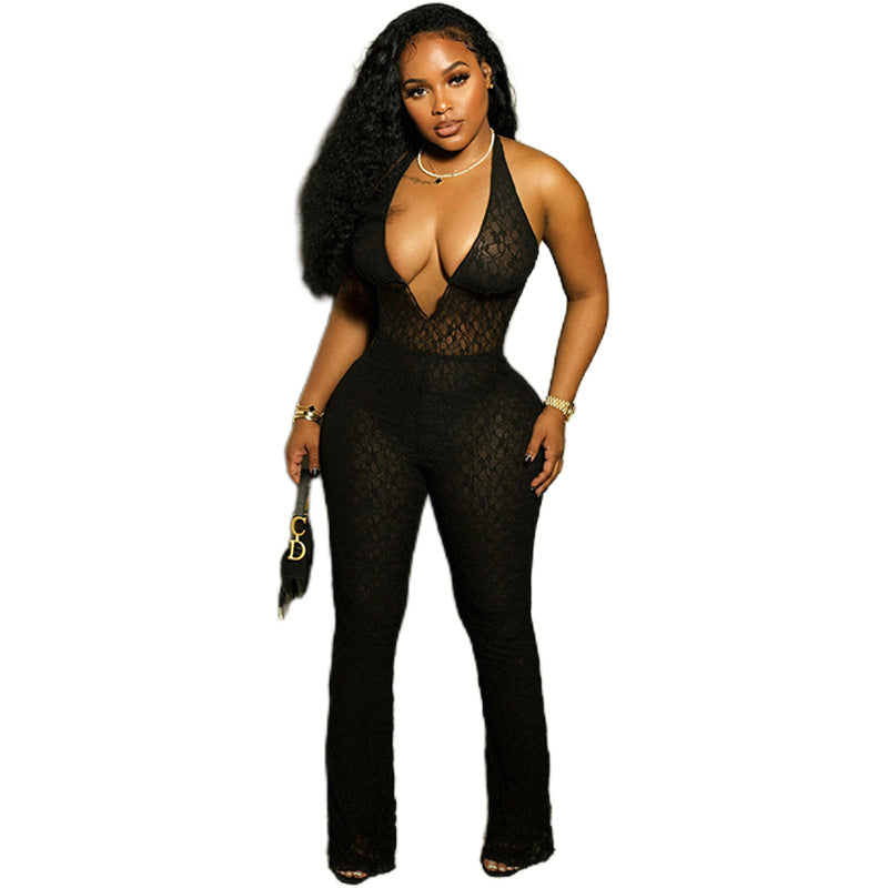 Halter V-neck Lace Jumpsuit