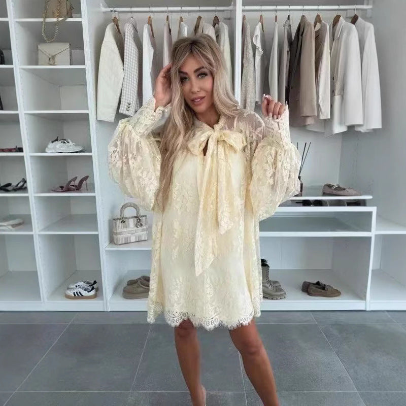 Balloon Sleeve Lace Chiffon Dress