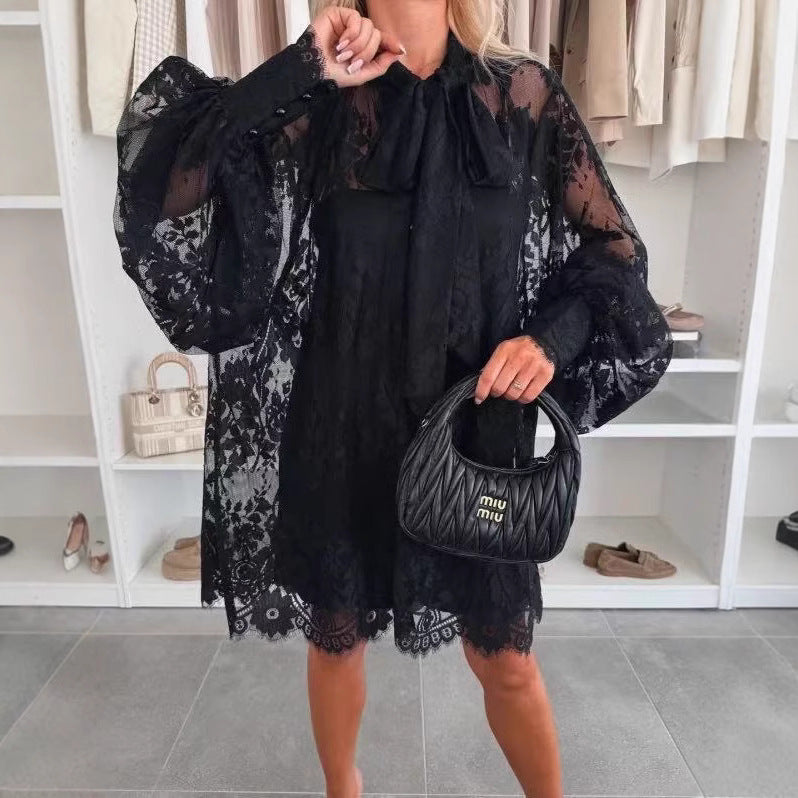 Balloon Sleeve Lace Chiffon Dress