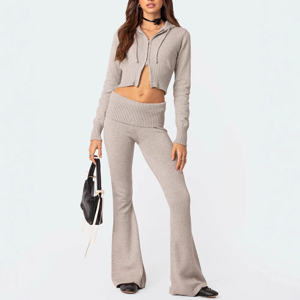 Ladies Knitted Hooded 2 Pcs Suit