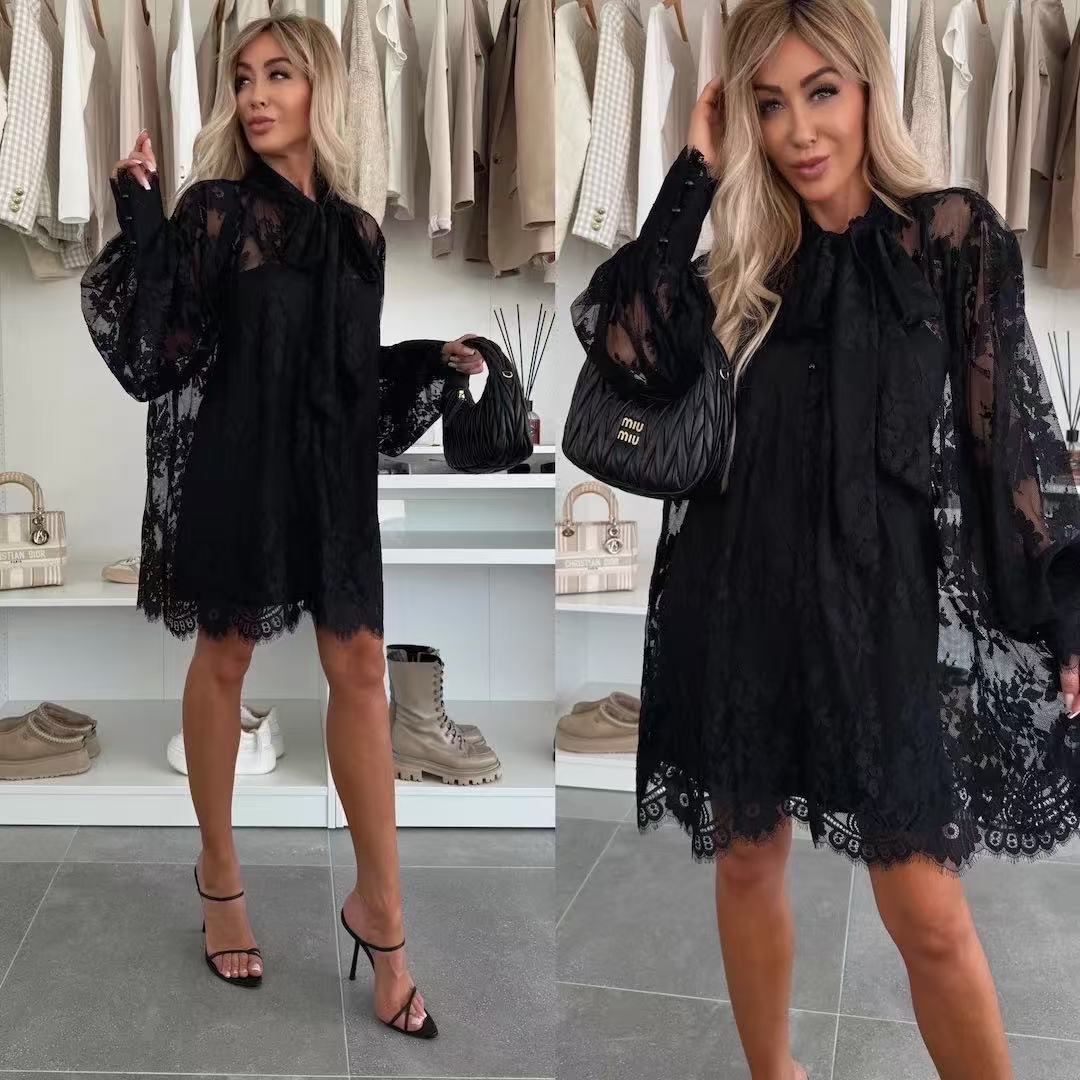 Balloon Sleeve Lace Chiffon Dress