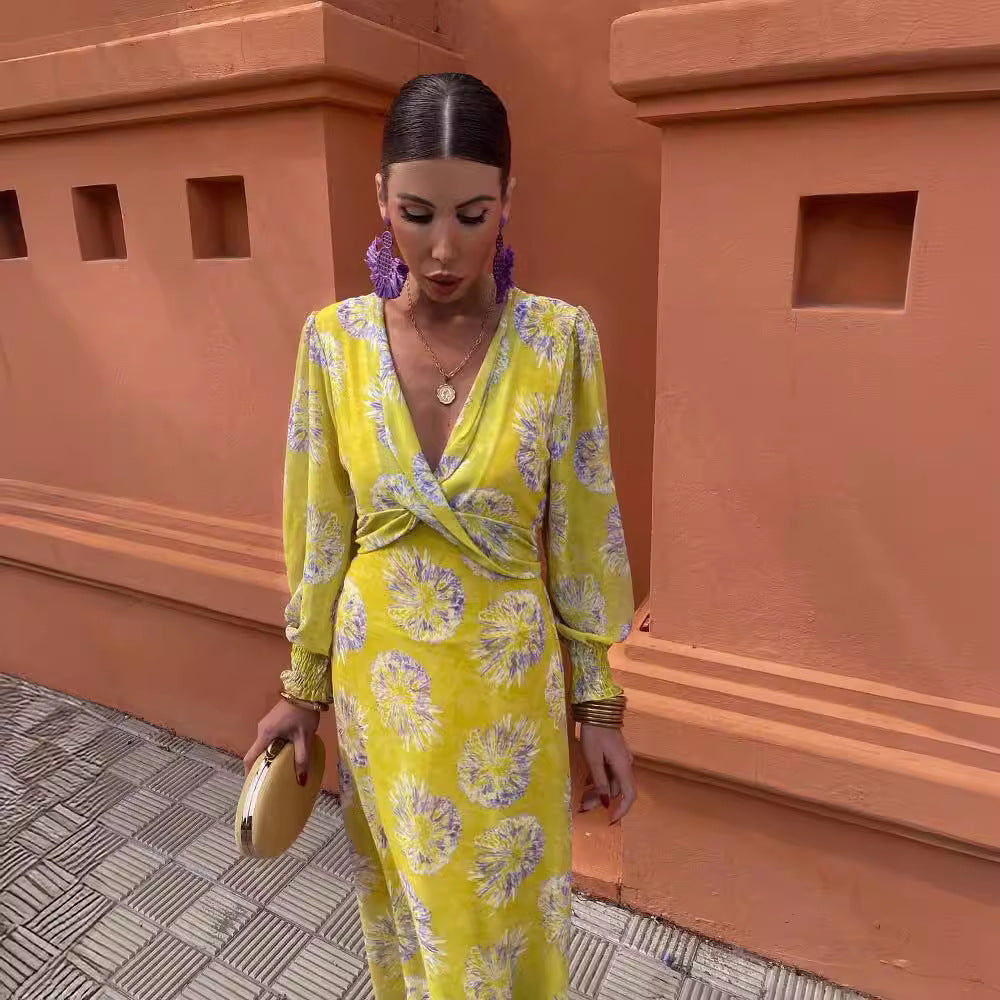 Cross Print Mid Length Maxi Dress