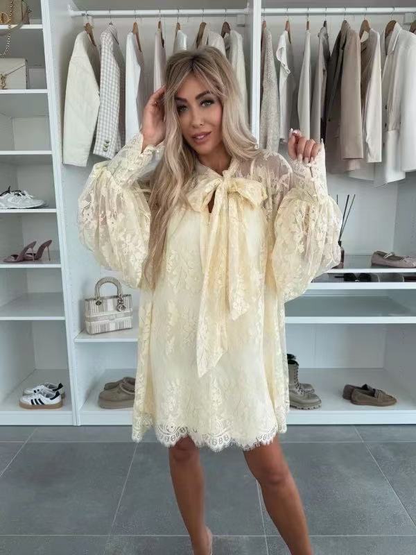 Balloon Sleeve Lace Chiffon Dress