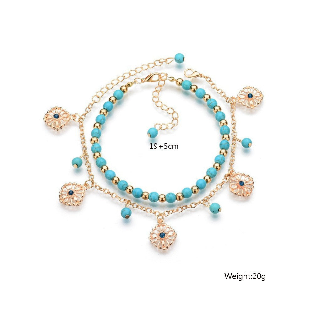 Retro Anklet Turquoise/Gold 2-piece Set