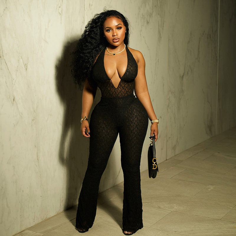 Halter V-neck Lace Jumpsuit