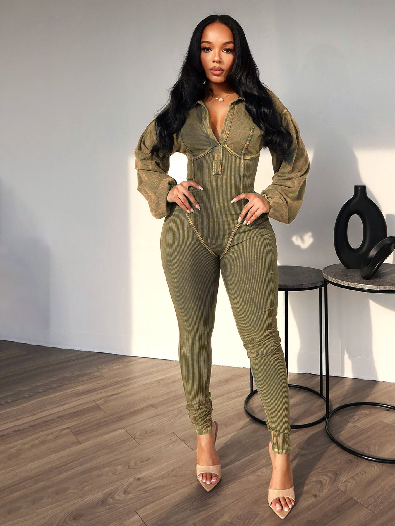 Women's Distressed V Tight Jumpsuit