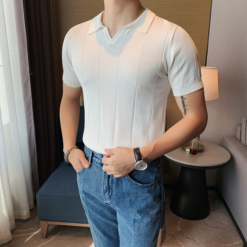 Men's V-neck Knitted Silk T-shirt