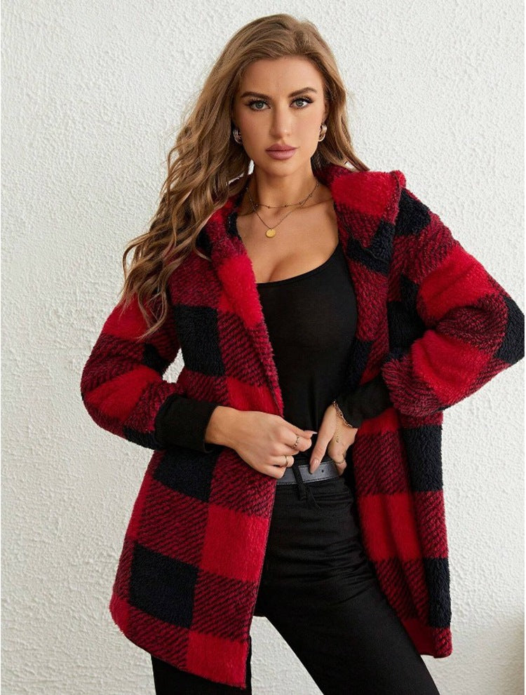 Loose Plaid Wool Long Cardigan For Women